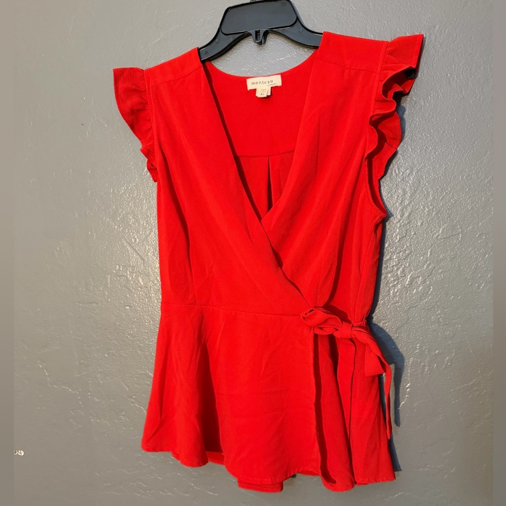 Monteau Los Angeles Vibrant‎ Red Ruffle Wrap Blouse Size XL